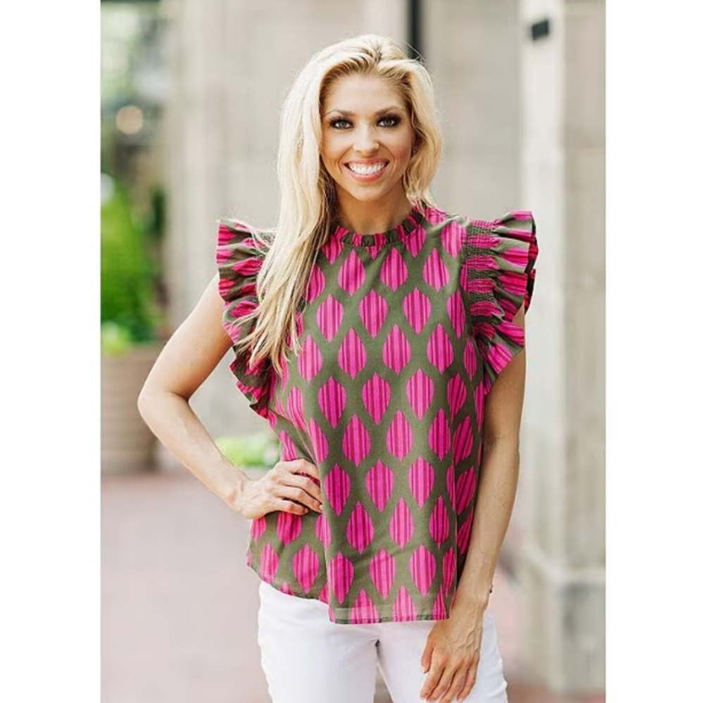 J.Marie Napa Ruffle Crew Neck Cap Sleeve Button Back Top